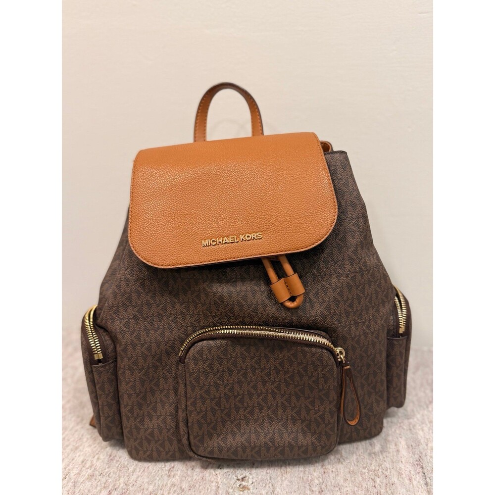 Michael Kors Abbey Signature MK Brown Leather Flap Backpack Rucksack